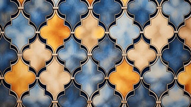 Detailed close-up of a wall featuring a complex pattern resembling Moroccan textile designs, background, wallpaper