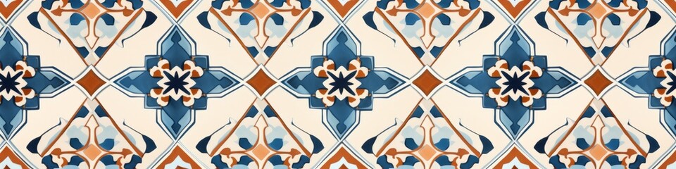A blue and orange pattern with Moroccan tiles and Ottoman motifs on a white backdrop, background, wallpaper