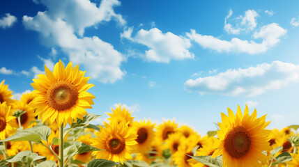 Obraz premium Sunflower field with cloudy blue sky