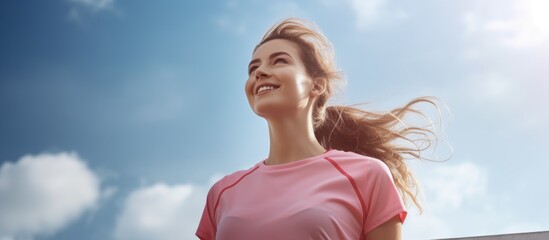 A woman with surfer hair and a pink shirt is smiling in front of a blue sky with fluffy cumulus clouds. She looks happy and gestures to the sky, enjoying her leisure time and the fun of traveling - Powered by Adobe