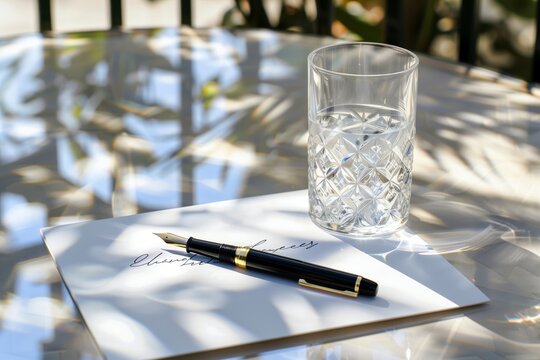 crystal clear water in a glass with a fountain pen and letter paper on table