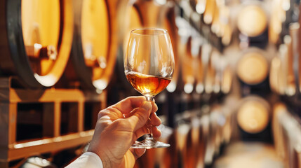 the hand of a male sommelier holds a tasting glass with cognac against the background of oak barrels in a wine cellar close-up