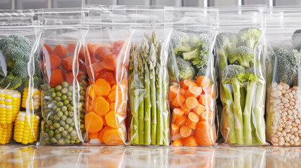 various frozen vegetables in vacuum plastic bags on the table in the kitchen. stock of vegetables for the winter