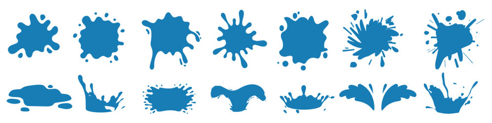 Set of blue waves and water splashes, wavy symbols of nature in motion vector Illustrations