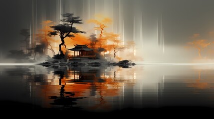temple on the river traditional landscape illustration background poster decorative painting