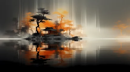 Foto op Canvas temple on the river traditional landscape illustration background poster decorative painting © jinzhen