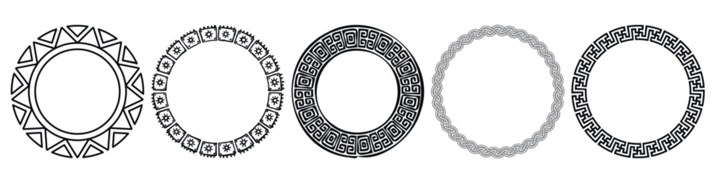 Celtic circle frames. Vintage round border frames with celtic knots, knotted braid ornaments northern Irish motifs. Circular magical patterns vector