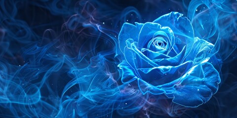 A neon blue rose emitting swirling blue smoke - obrazy, fototapety, plakaty