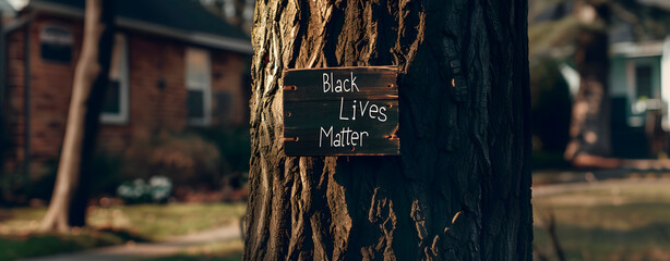 A sign on a tree that reads "black lives matter"