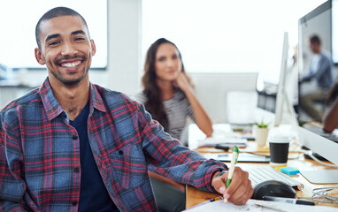 Happy, coworking and portrait of man in office with people for creative project in Brazil company. Excited, employee and person smile for collaboration with productivity or planning teamwork in notes