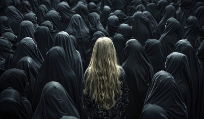 A crowd of black women wearing burkas stands out in the middle. One blonde woman, wearing a white dress, stands apart from the crowd - obrazy, fototapety, plakaty