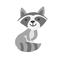 Decorative vector raccoon standing isolated on white background, wild mammal, flat cartoon illustration cute animal for design greeting card, children pattern, forest poster, maps for kids
