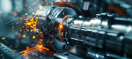 Metalworking CNC milling machine in action. Close-up of a high-precision device cutting metal parts with sparks flying.