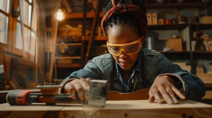 Craftsmanship concept. A focused woman wearing protective safety goggles meticulously sands a piece of wood in a well-organized workshop, surrounded by woodworking tools and equipment. - obrazy, fototapety, plakaty