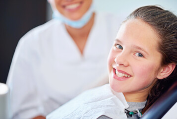 Exam, dental or portrait of girl with dentist in consultation room for mouth, gum or wellness. Cleaning, teeth whitening or kid consulting orthodontist for tooth, growth or braces and development