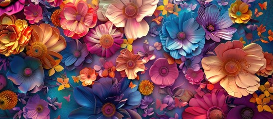 Colorful backdrop for design and fashion with embellishments. Elaborate flowers for wall decor. - obrazy, fototapety, plakaty