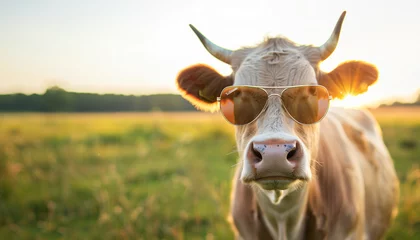 Tuinposter Weide Cool Summer Vibes : Funny Cow Wearing Sunglasses in the meadow field