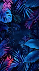 A cluster of blue and pink leaves glowing against a black backdrop, creating a vibrant and colorful contrast, background, wallpaper