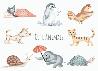 Watercolor illustration set of cute baby animals. Hand drawn turtle, snail, penguin, mouse.