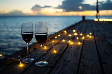 wine glasses on pier with string lights, evening mood - obrazy, fototapety, plakaty