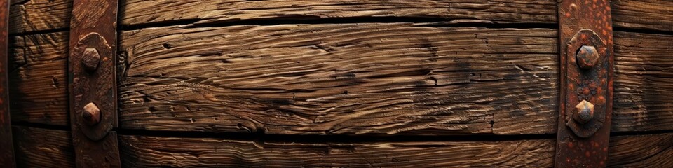 Detailed view of an oak barrel with metal handles, showcasing its aged and stained texture used in winemaking, background, wallpaper, banner