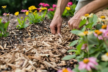 person using wood chips as mulch in a flowerbed - obrazy, fototapety, plakaty