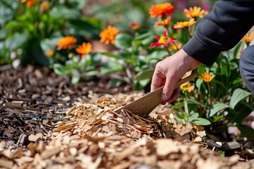 person using wood chips as mulch in a flowerbed - obrazy, fototapety, plakaty