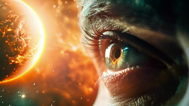 The focused gaze of an astronomer peering through an eyepiece at a distant planet or star lost in wonder at the vastness of the universe.