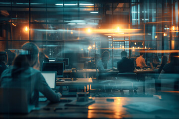 Fototapeta premium Blurred business office staff on desks working together with laptops