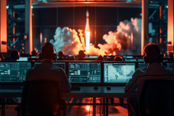 Two engineers, rear view, in the mission control center watching the launch of a space rocket, mission control employees sit in front of computer displays and control the flight of the crew - Powered by Adobe