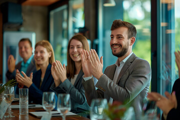 Group of businesspeople sitting at the table clapping and smiling during business meeting