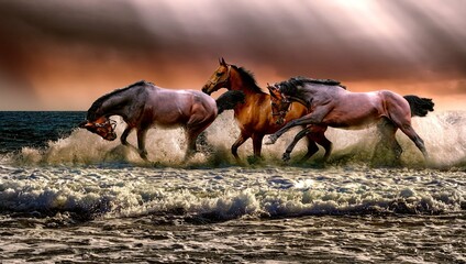 Three horses stand together, their sleek coats gleaming under the sun, a symbol of companionship...
