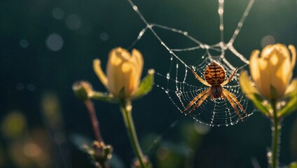 A closeup photo of a delicate spiderweb - obrazy, fototapety, plakaty