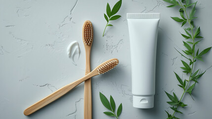Two Bamboo Toothbrushes Beside Toothpaste Tube With Fresh Leaves