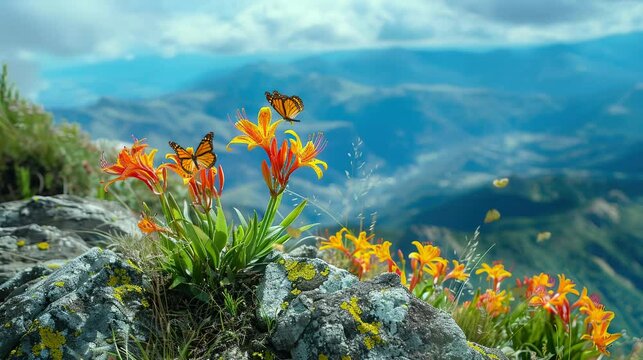 Very beautiful views of flowers and butterflies above the mountains. seamless looping time-lapse virtual video Animation Background.