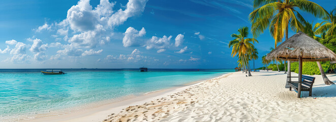 A panoramic view of the white sandy beach in Maldives, with palm trees and thatched umbrellas on either side