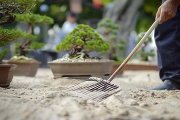 Rolgordijnen man raking sand with bonsai trees in the background © primopiano