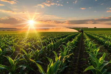 A tractor sprays pesticides in a cornfield at sunset creating a beautiful and serene agricultural...