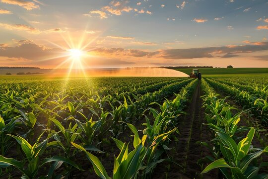 A tractor sprays pesticides in a cornfield at sunset creating a beautiful and serene agricultural scene. Concept Agricultural scene, Sunset in cornfield, Tractor spraying pesticides