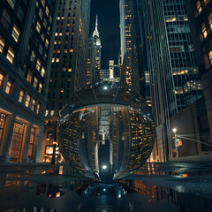 glass sphere against a cityscape 