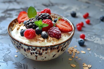 Yogurt with muesli and berries on a gray background.