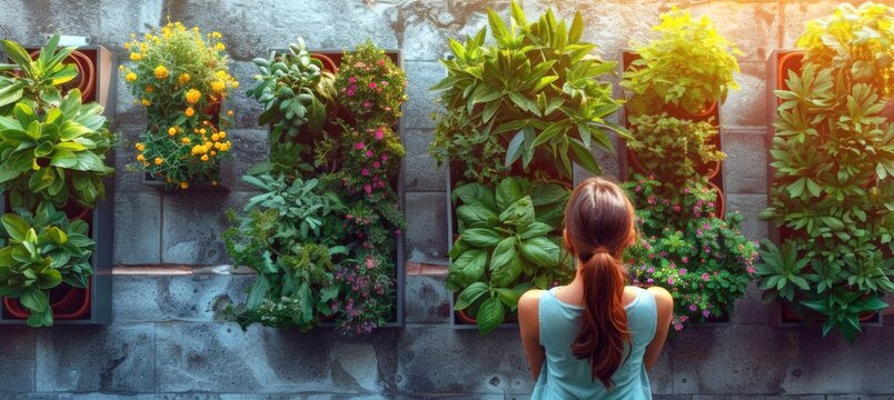 A young woman takes care of plants growing in vertical hanging planters on the balcony. Vertical planting of young greens and herbs on a balcony in the city. Top view.