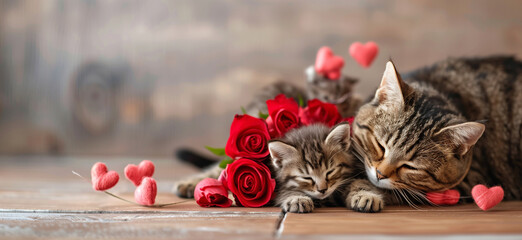 Cat and her kitten sleeping surrounded by hearts and roses. Postcard and web banner for Mother’s Day