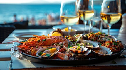 Coastal dining experience The scene showcases a table adorned with a selection of fresh seafood,complemented by glasses of wine