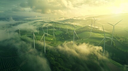 A breathtaking aerial view of a wind farm, with rows of towering turbines harnessing the power of the wind to generate clean, renewable energy.