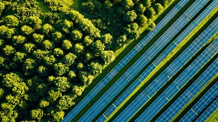 A breathtaking aerial view of a sprawling solar array, with rows of gleaming panels harnessing the power of the sun to generate clean, renewable energy.