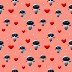 Vector children's seamless pattern with cute robots and hearts on a pink background. Ideal for children's clothing, textiles, wallpaper, wrapping paper.