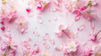 Pastel pink backdrop adorned with delicate cherry blossoms and petals, background, wallpaper