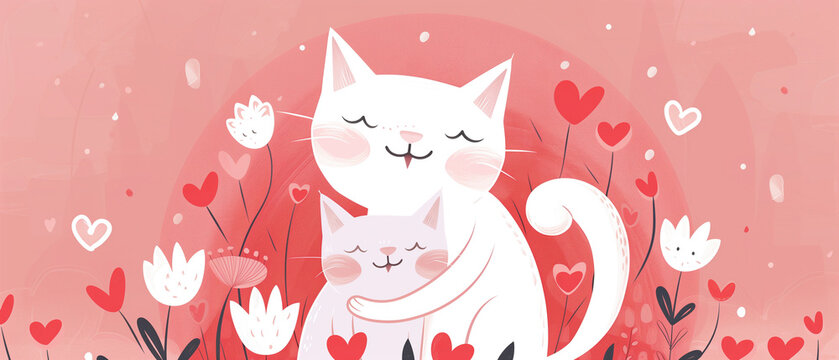 Mother cat hugging her kitten. Flat illustration web banner for Mother’s Day on May 12. Pink and white