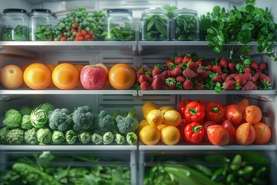 Open refrigerator stocked with fresh fruits, vegetables and herbs. Organic, healthy and clean eating concept